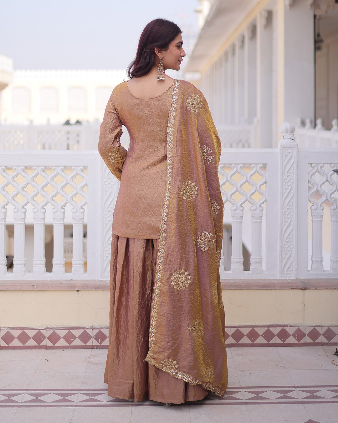 Elegant Mauve Vichitra Embroidered Kurta Palazzo Set with Dupatta for Women