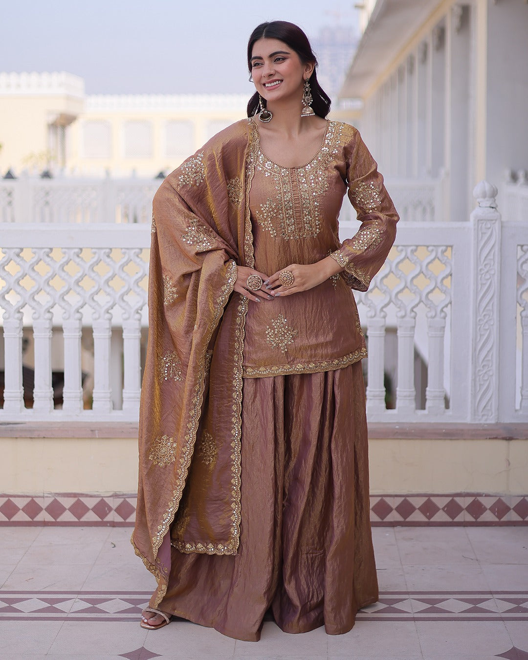 Elegant Mauve Vichitra Embroidered Kurta Palazzo Set with Dupatta for Women