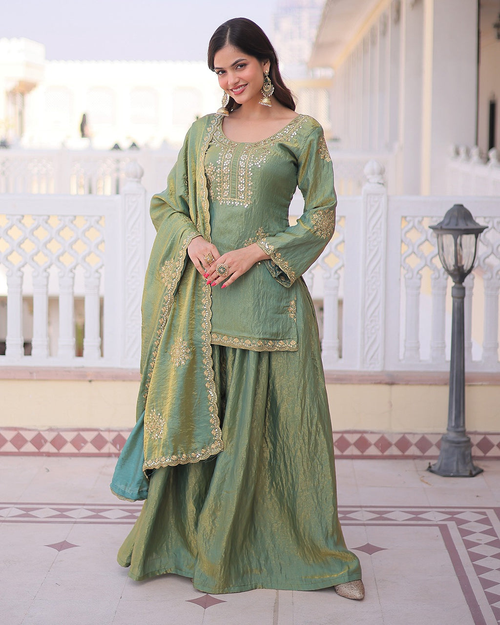 Elegant Sage Green Vichitra Embroidered Kurta Palazzo Set with Dupatta for Women