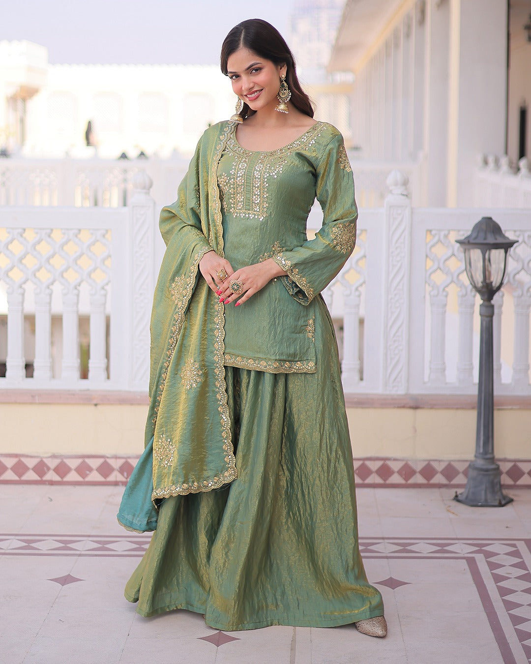 Elegant Sage Green Vichitra Embroidered Kurta Palazzo Set with Dupatta for Women