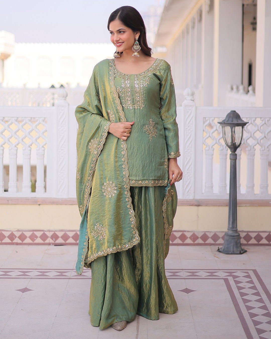 Elegant Sage Green Vichitra Embroidered Kurta Palazzo Set with Dupatta for Women