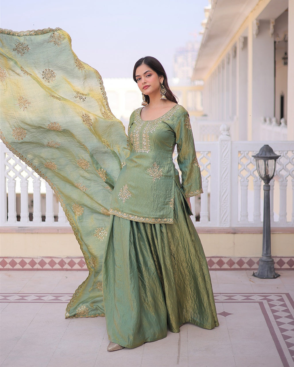 Elegant Sage Green Vichitra Embroidered Kurta Palazzo Set with Dupatta for Women