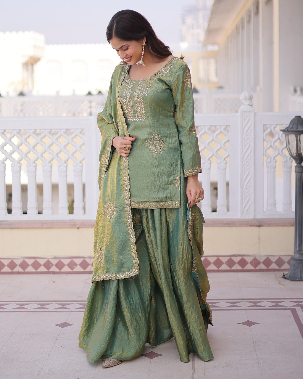 Elegant Sage Green Vichitra Embroidered Kurta Palazzo Set with Dupatta for Women