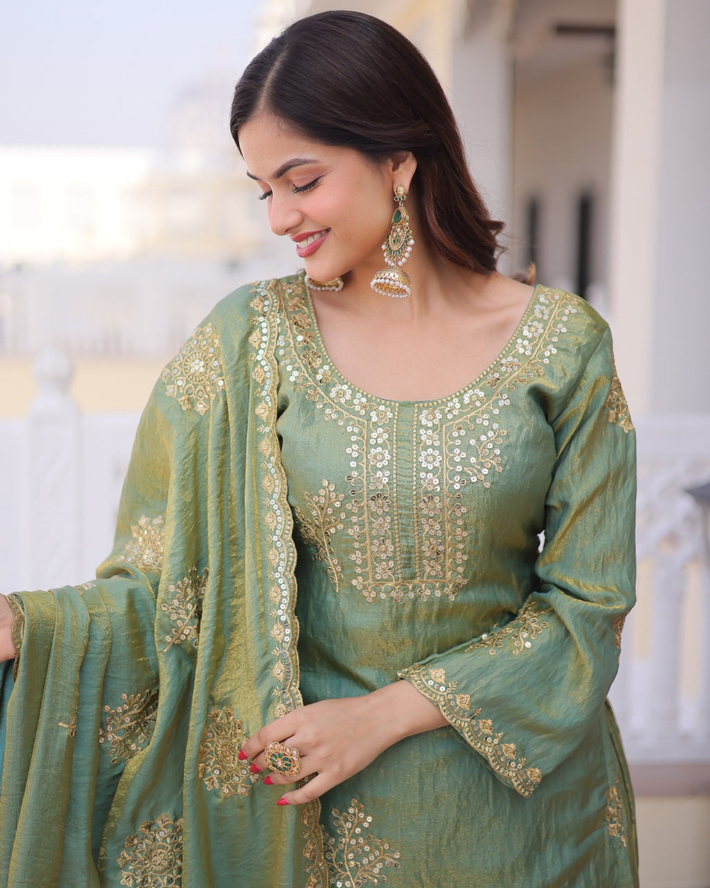 Elegant Sage Green Vichitra Embroidered Kurta Palazzo Set with Dupatta for Women