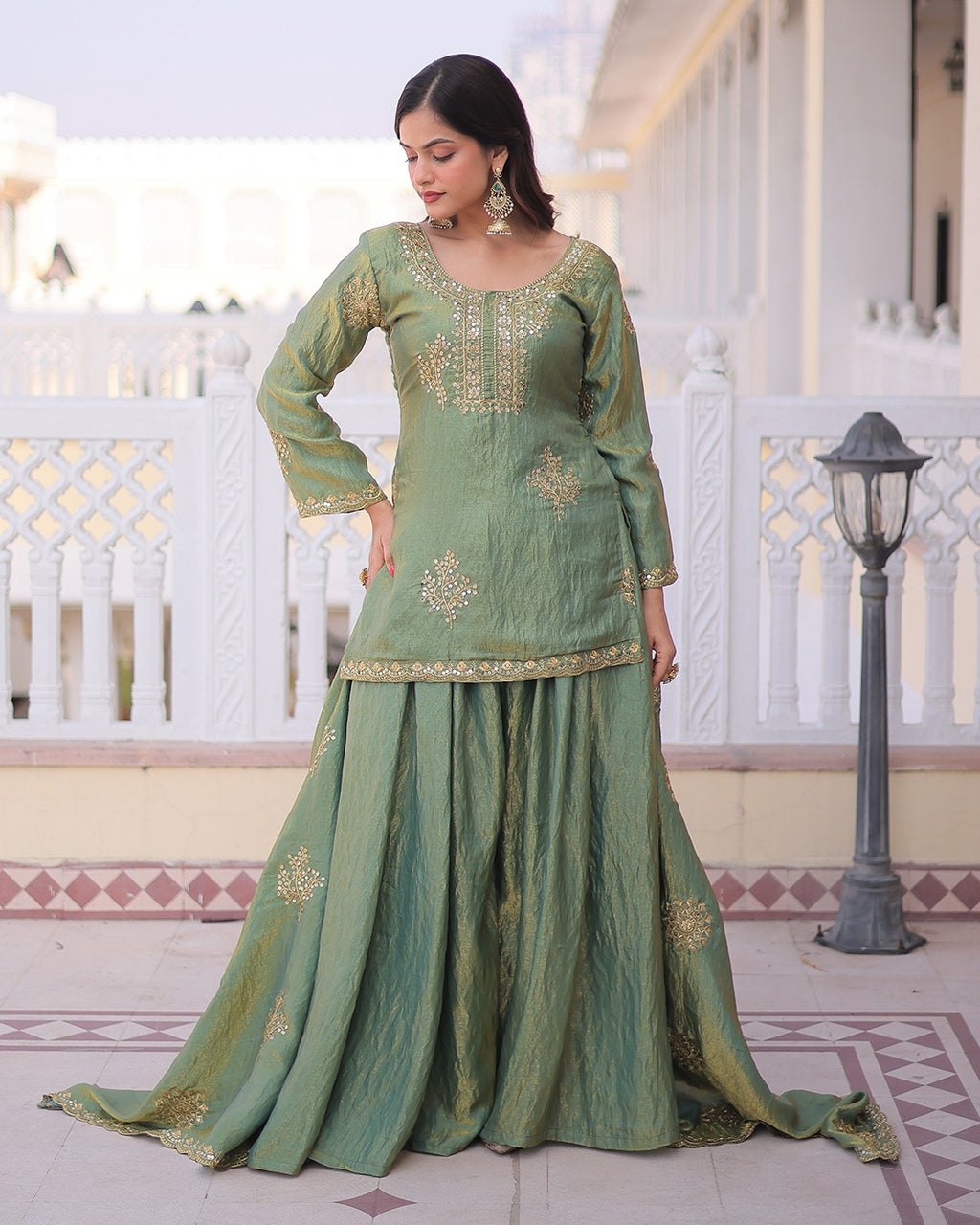 Elegant Sage Green Vichitra Embroidered Kurta Palazzo Set with Dupatta for Women