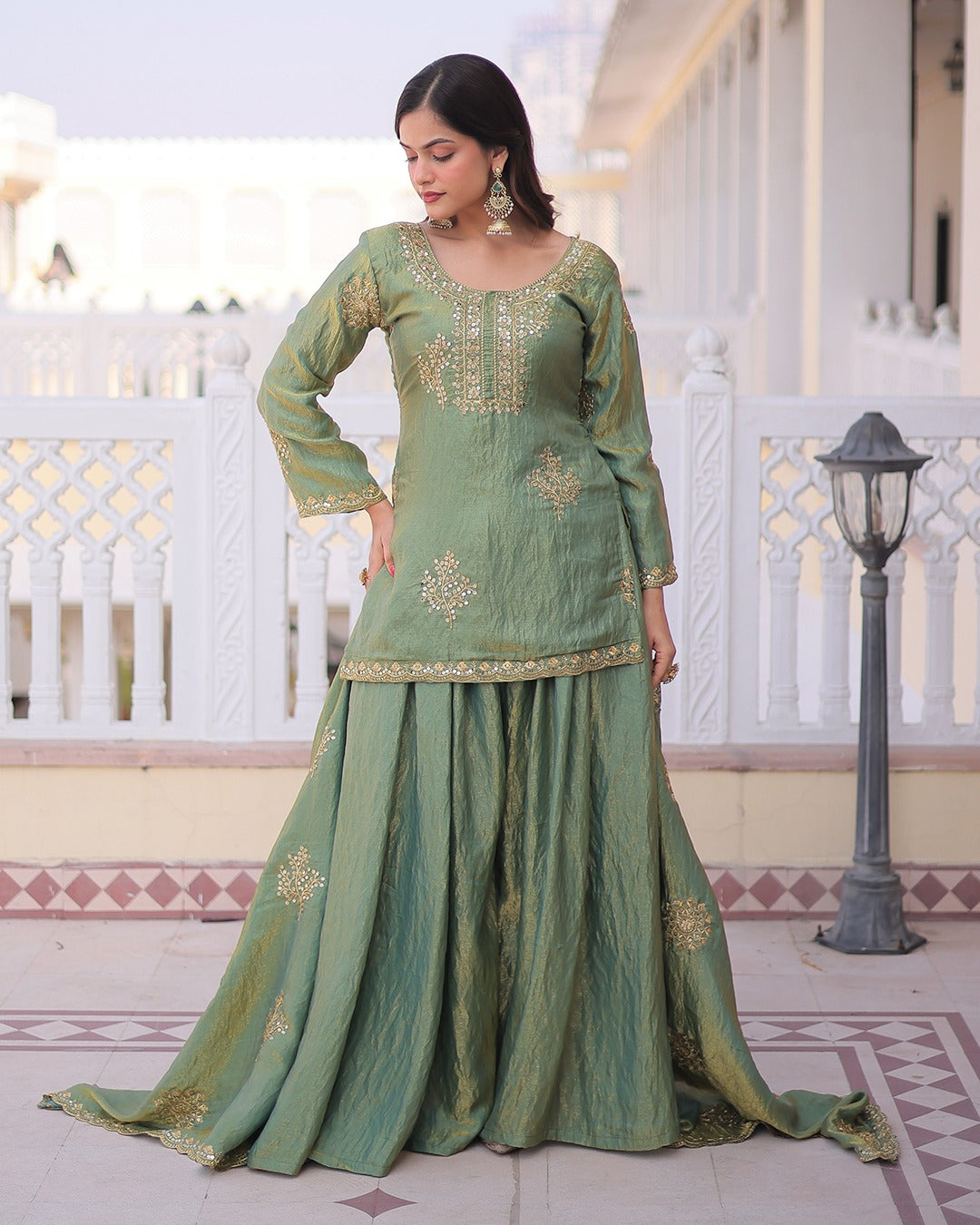 Elegant Sage Green Vichitra Embroidered Kurta Palazzo Set with Dupatta for Women