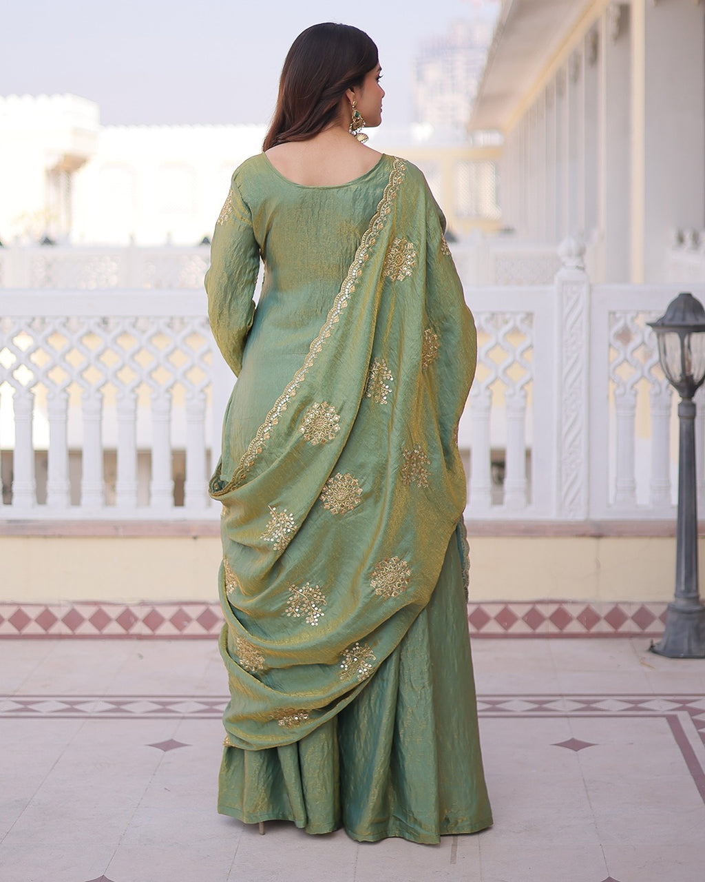 Elegant Sage Green Vichitra Embroidered Kurta Palazzo Set with Dupatta for Women