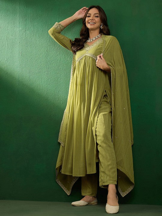 Olive Green Embroidery A-Line Kurta Set with Matching Pants & Flowing Dupatta – Elegant Festive Wear