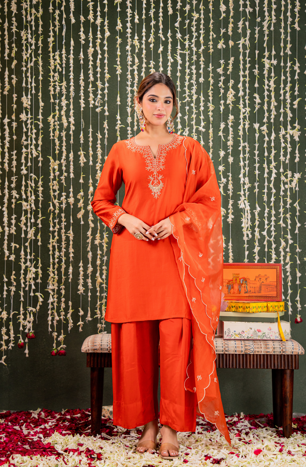 Radiant Orange Chanderi Silk Kurta Set with Gold Zari Embroidery & Scalloped Organza Dupatta