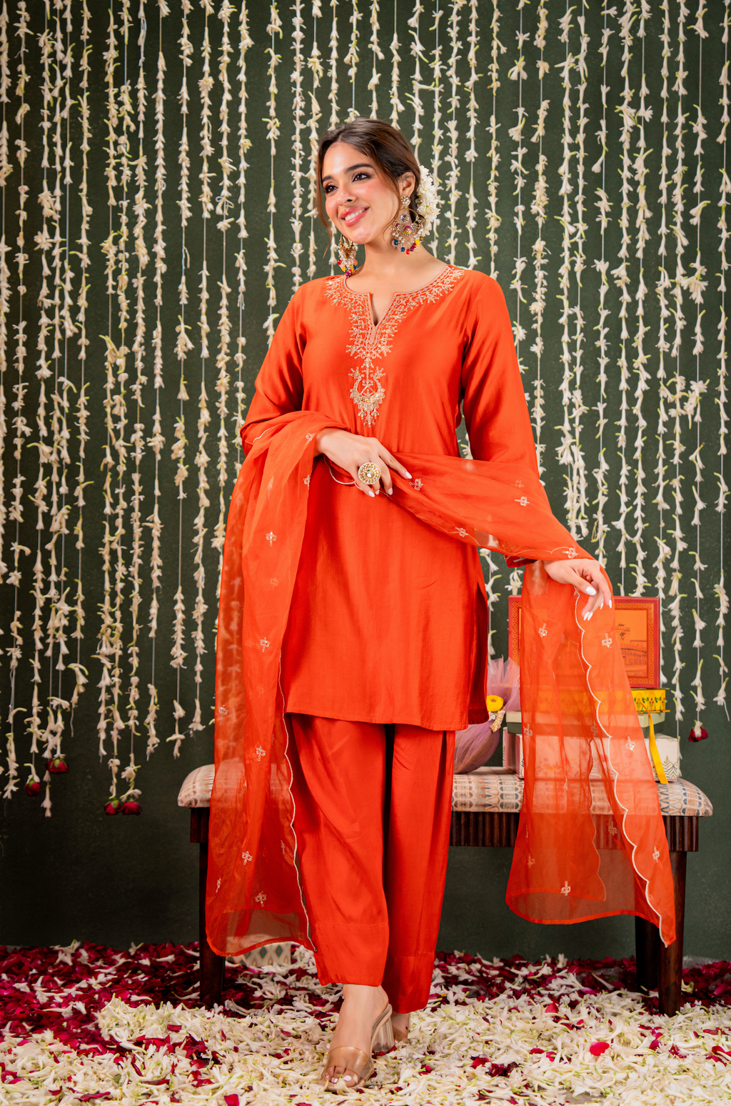 Radiant Orange Chanderi Silk Kurta Set with Gold Zari Embroidery & Scalloped Organza Dupatta