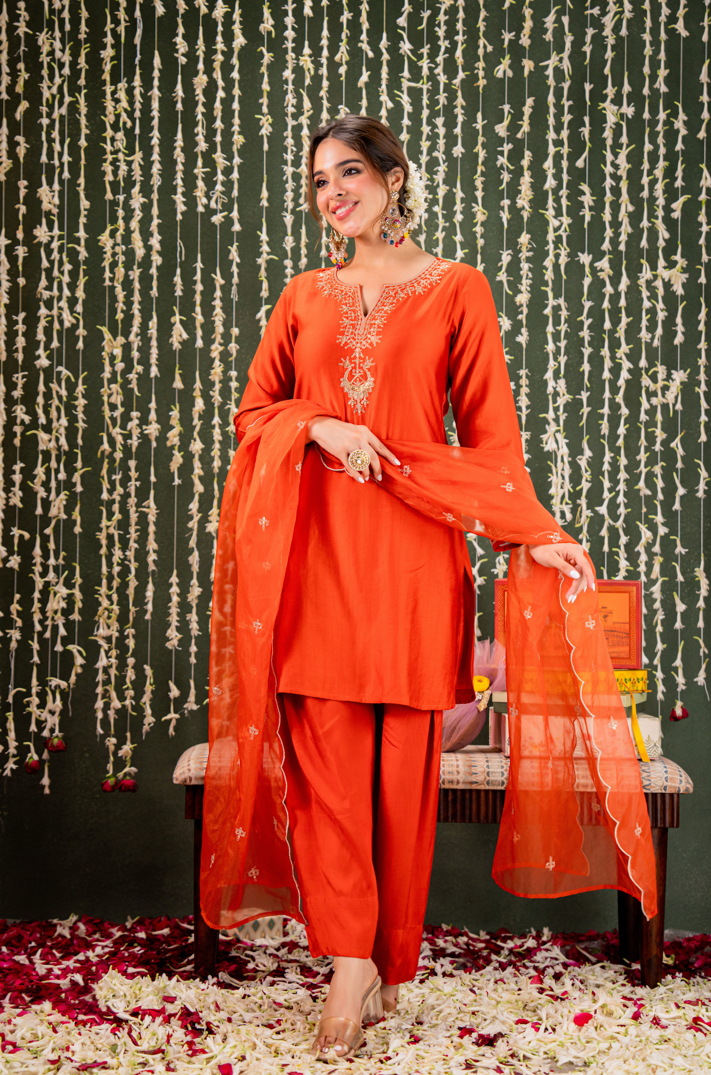 Radiant Orange Chanderi Silk Kurta Set with Gold Zari Embroidery & Scalloped Organza Dupatta