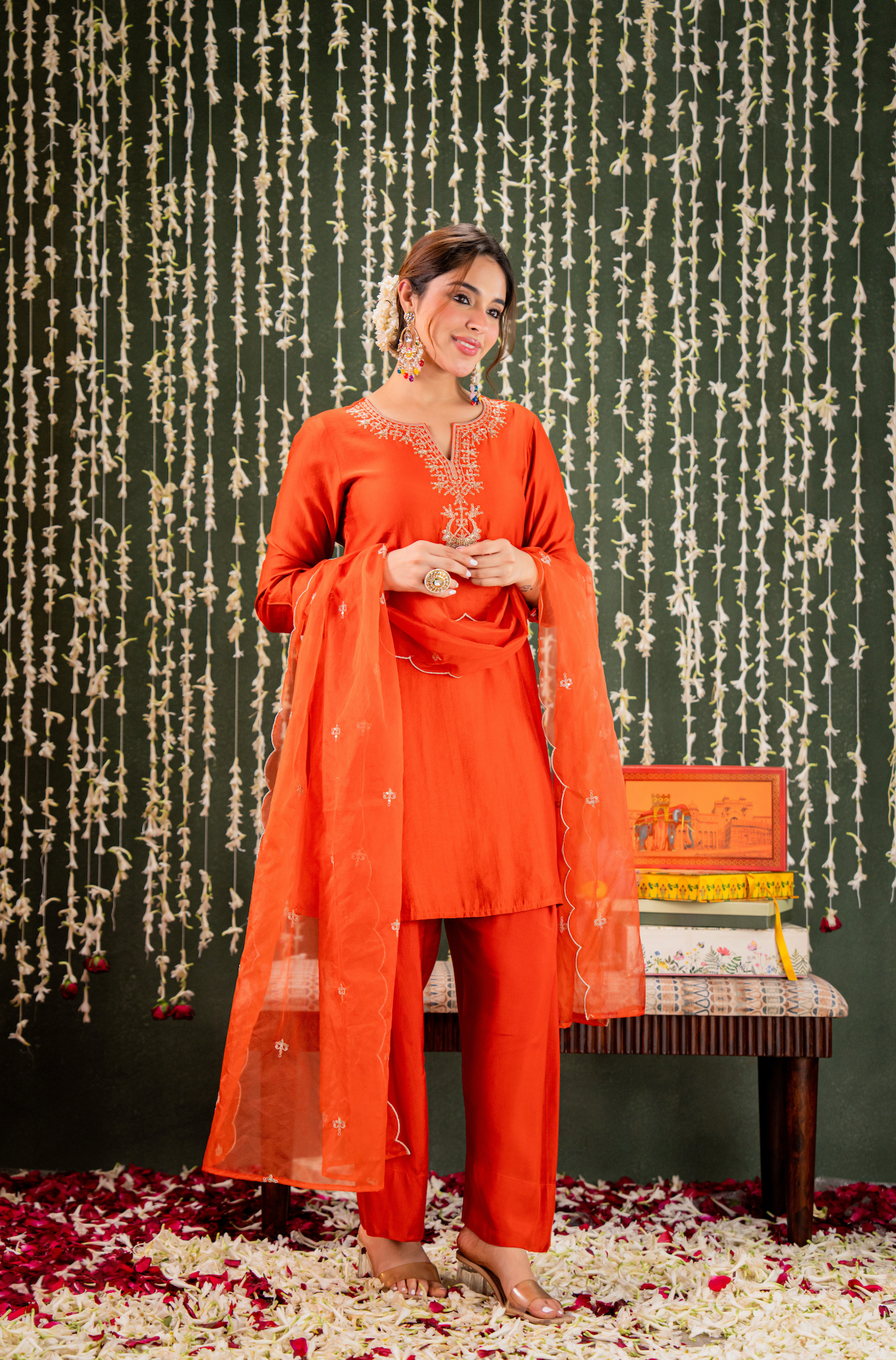 Radiant Orange Chanderi Silk Kurta Set with Gold Zari Embroidery & Scalloped Organza Dupatta