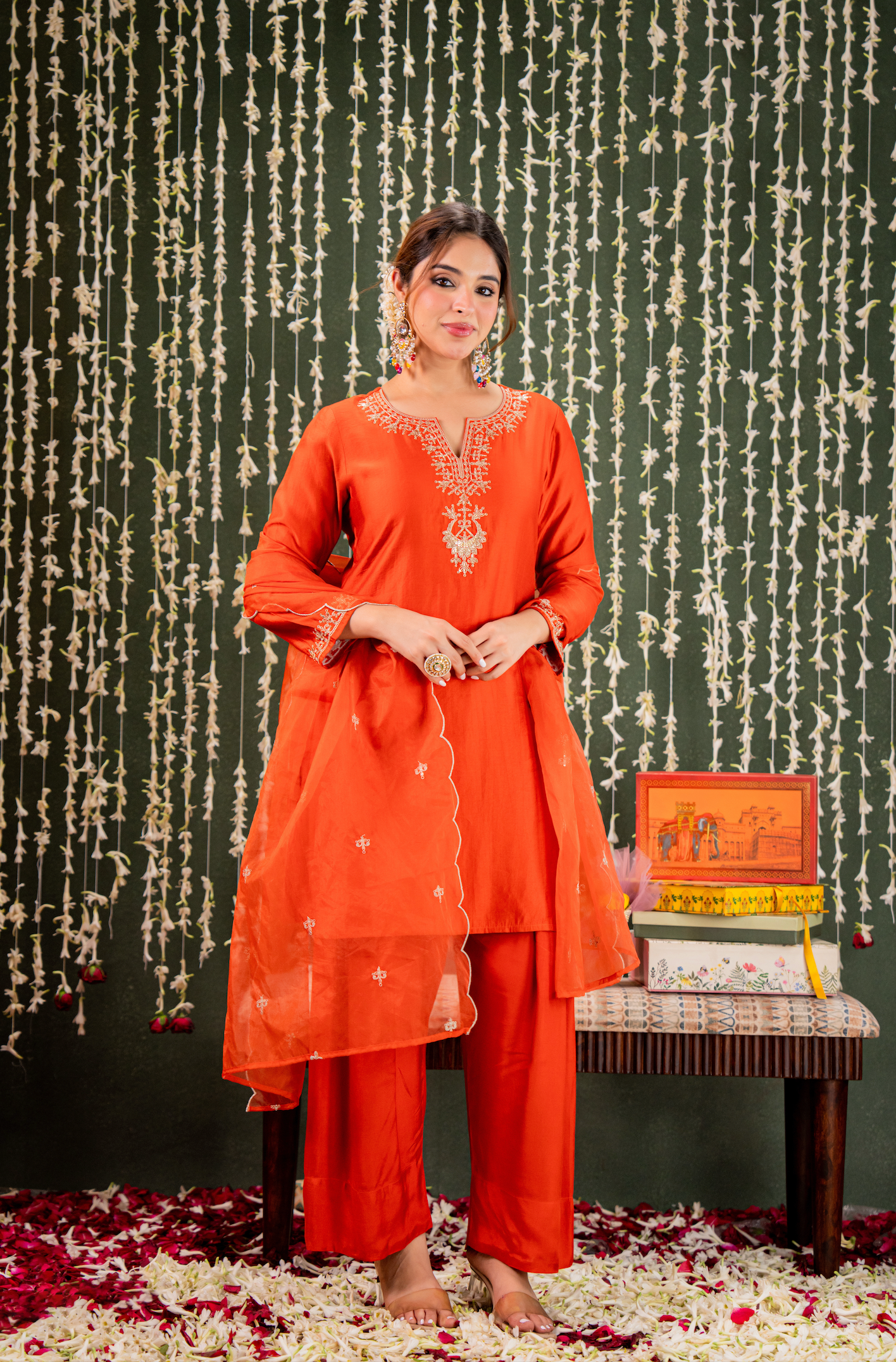 Radiant Orange Chanderi Silk Kurta Set with Gold Zari Embroidery & Scalloped Organza Dupatta