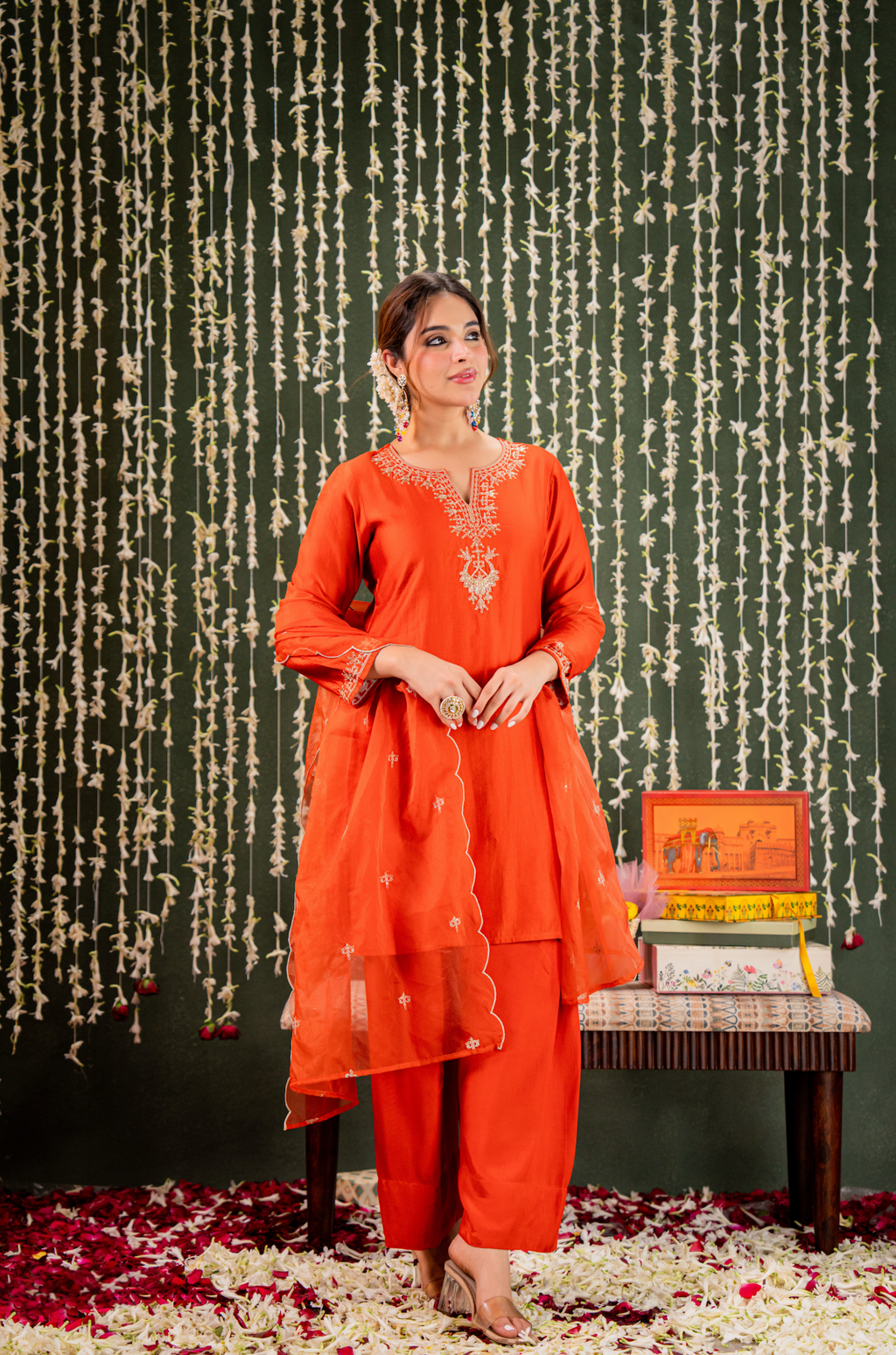 Radiant Orange Chanderi Silk Kurta Set with Gold Zari Embroidery & Scalloped Organza Dupatta
