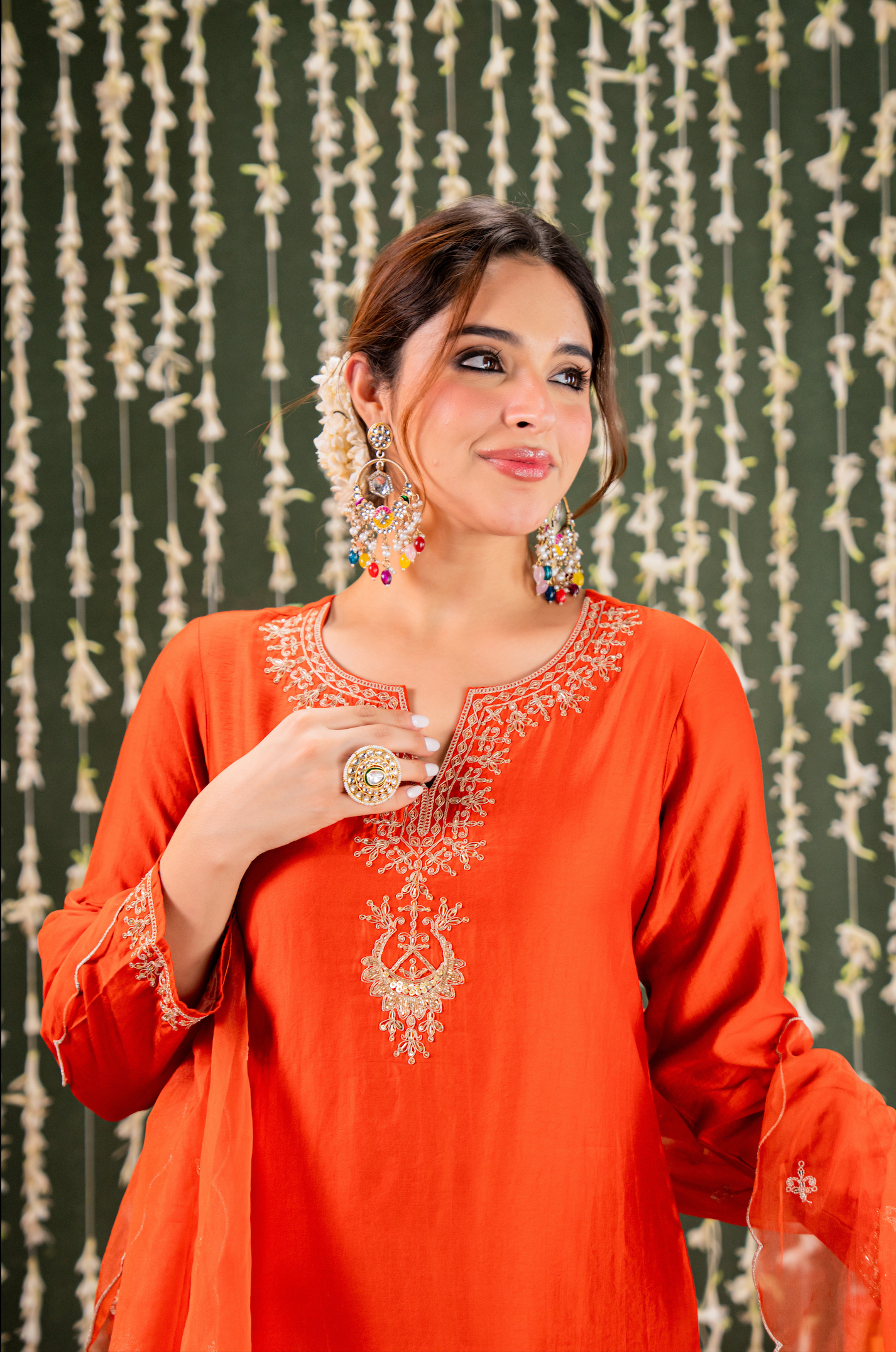 Radiant Orange Chanderi Silk Kurta Set with Gold Zari Embroidery & Scalloped Organza Dupatta