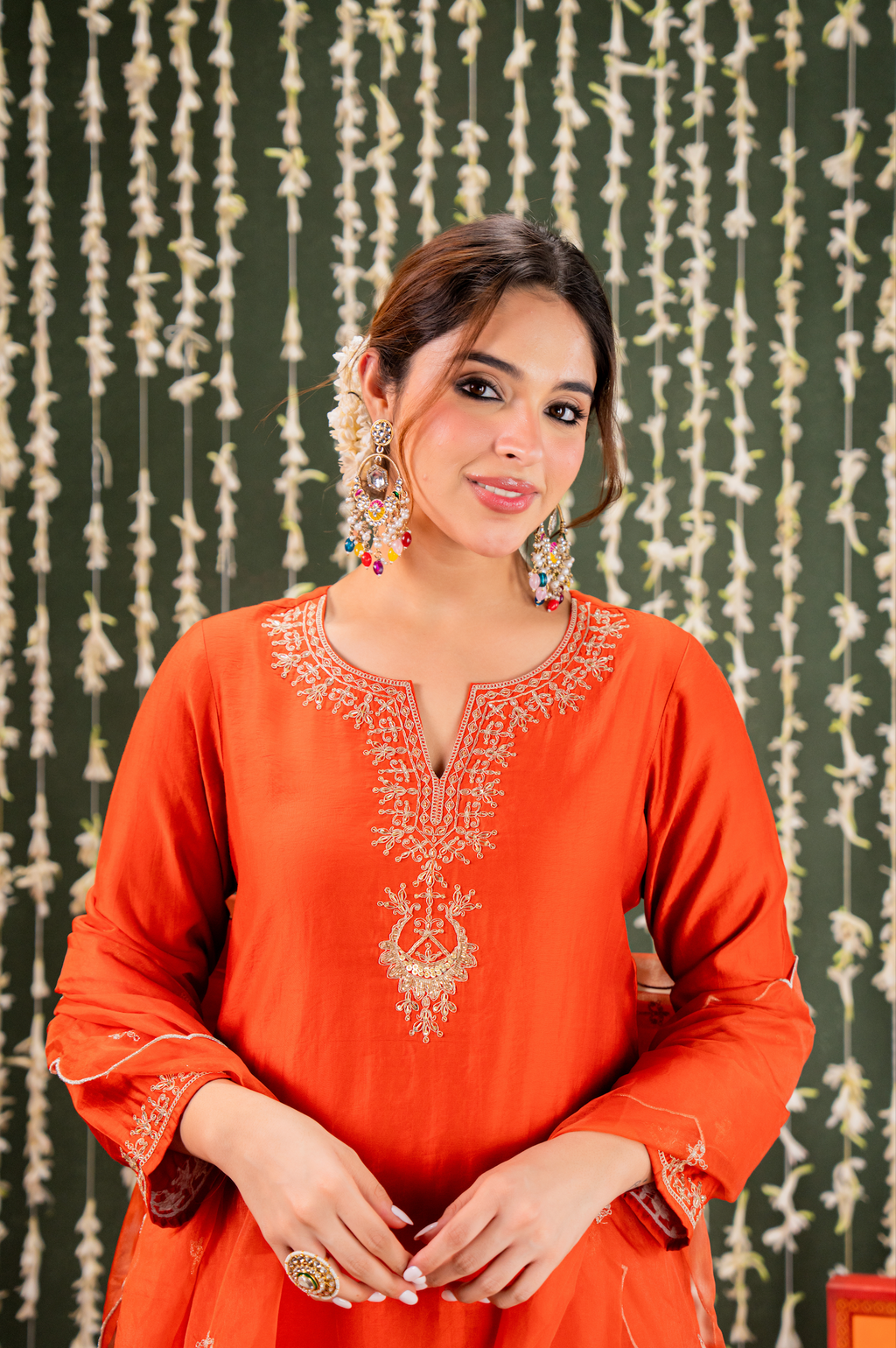 Radiant Orange Chanderi Silk Kurta Set with Gold Zari Embroidery & Scalloped Organza Dupatta