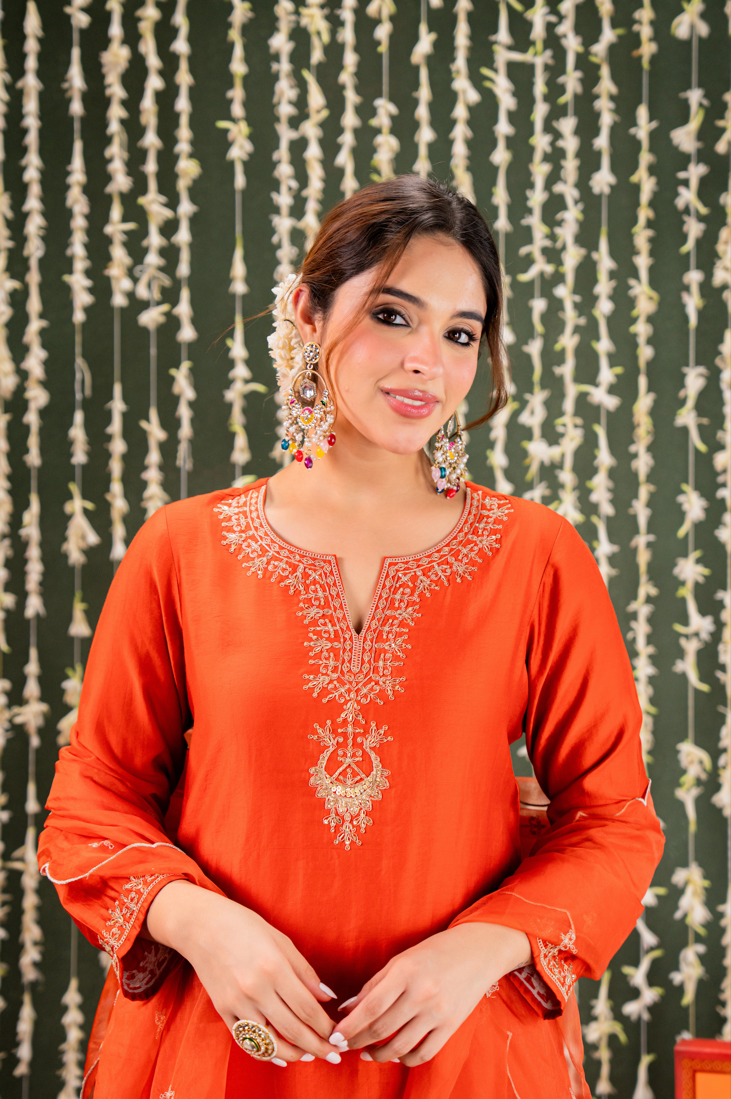 Radiant Orange Chanderi Silk Kurta Set with Gold Zari Embroidery & Scalloped Organza Dupatta