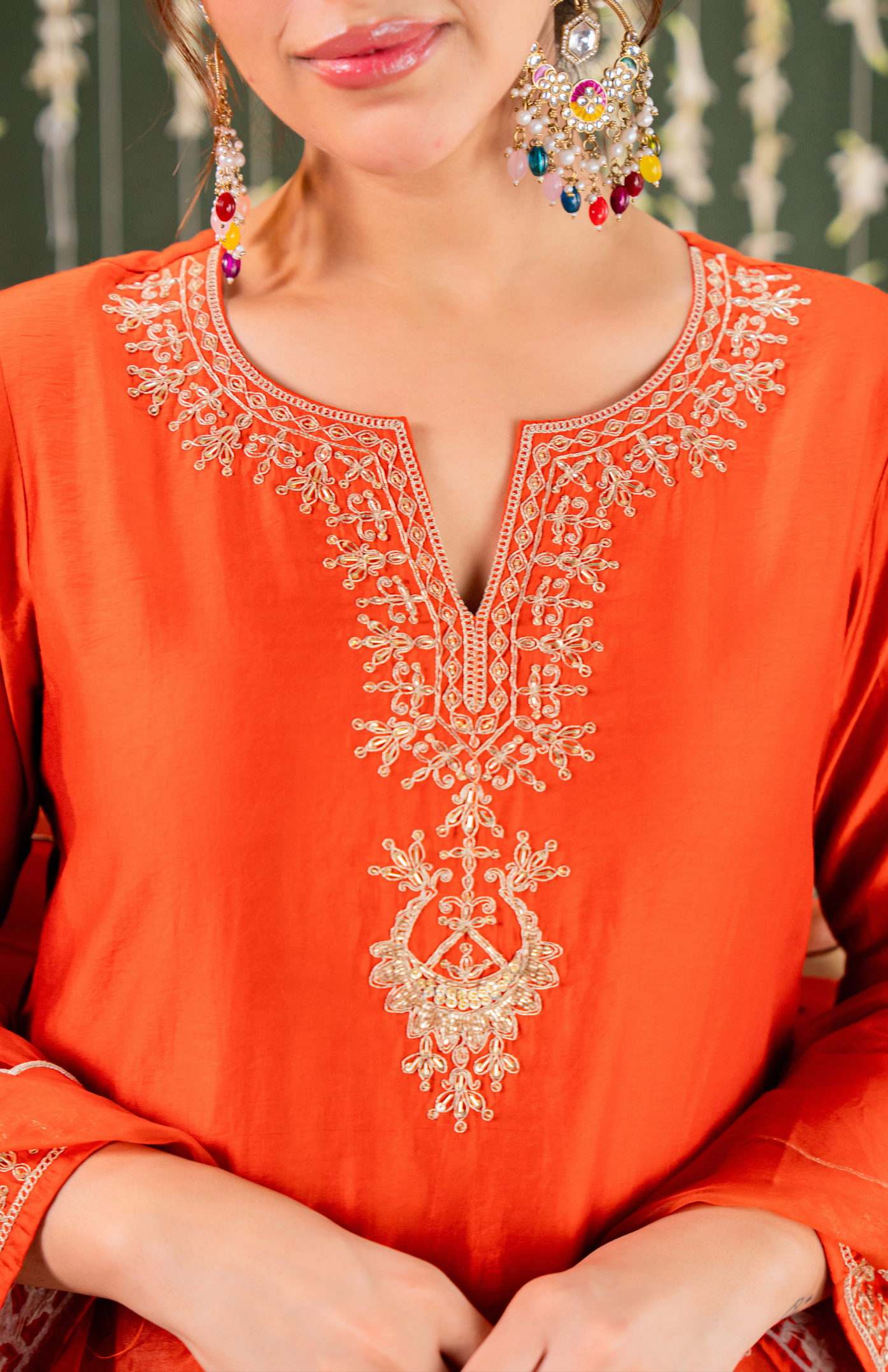Radiant Orange Chanderi Silk Kurta Set with Gold Zari Embroidery & Scalloped Organza Dupatta
