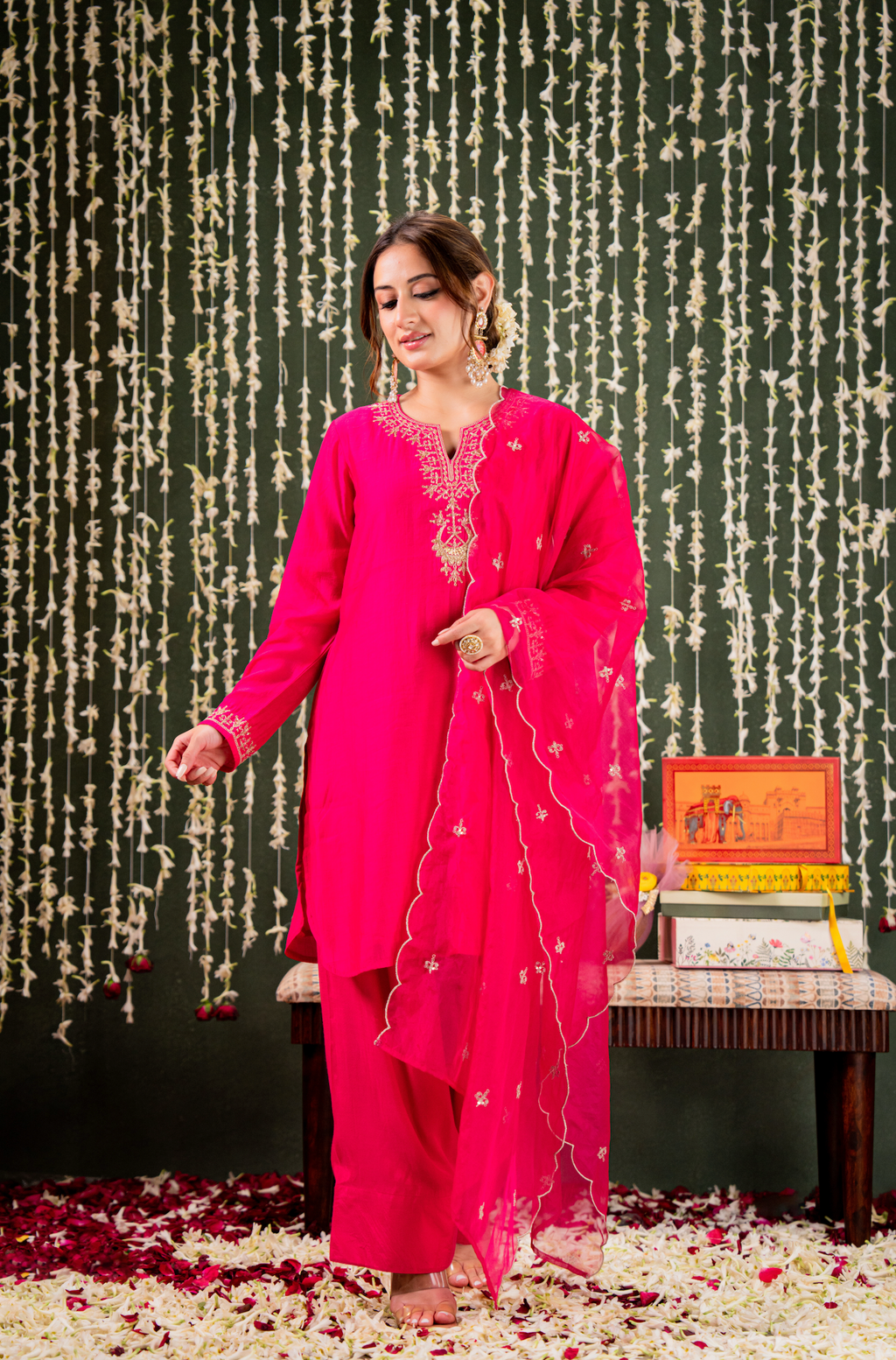 Magnificent Rani Pink Chanderi Silk Kurta Set with Intricate Gold Zari Embroidery
