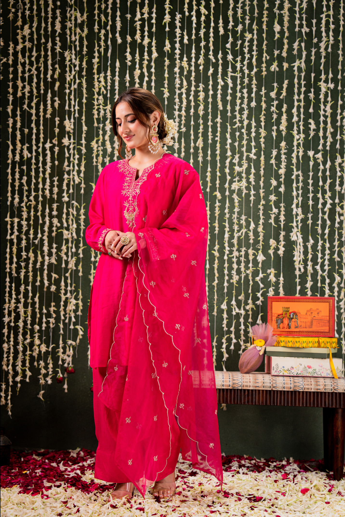 Magnificent Rani Pink Chanderi Silk Kurta Set with Intricate Gold Zari Embroidery
