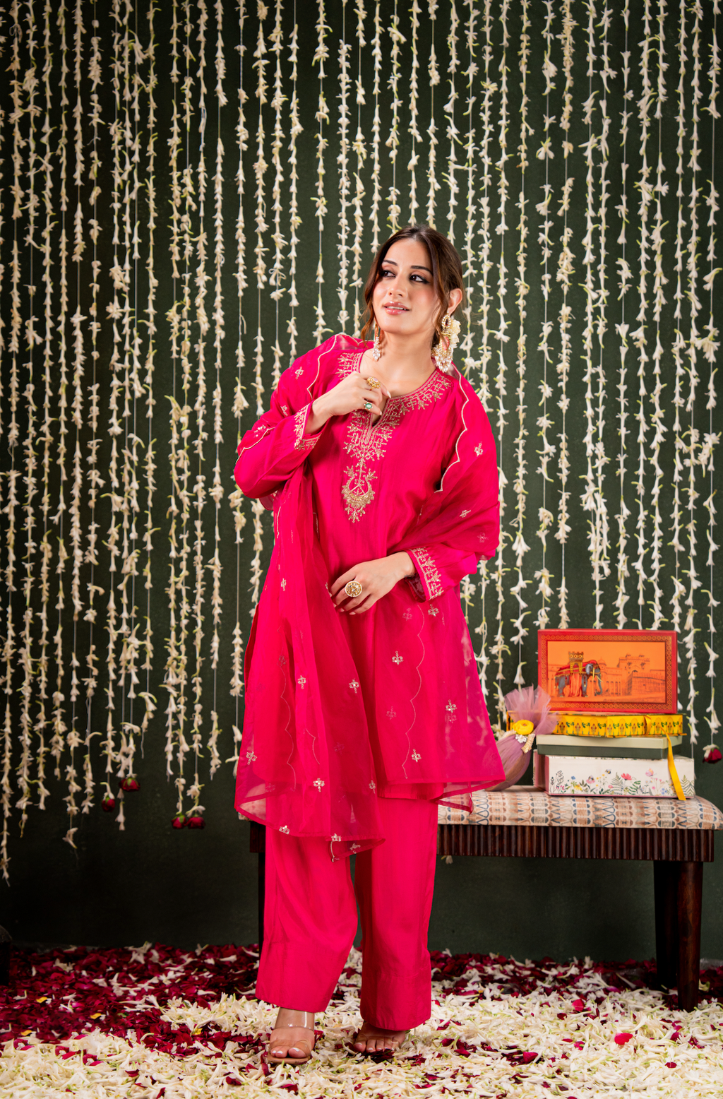 Magnificent Rani Pink Chanderi Silk Kurta Set with Intricate Gold Zari Embroidery