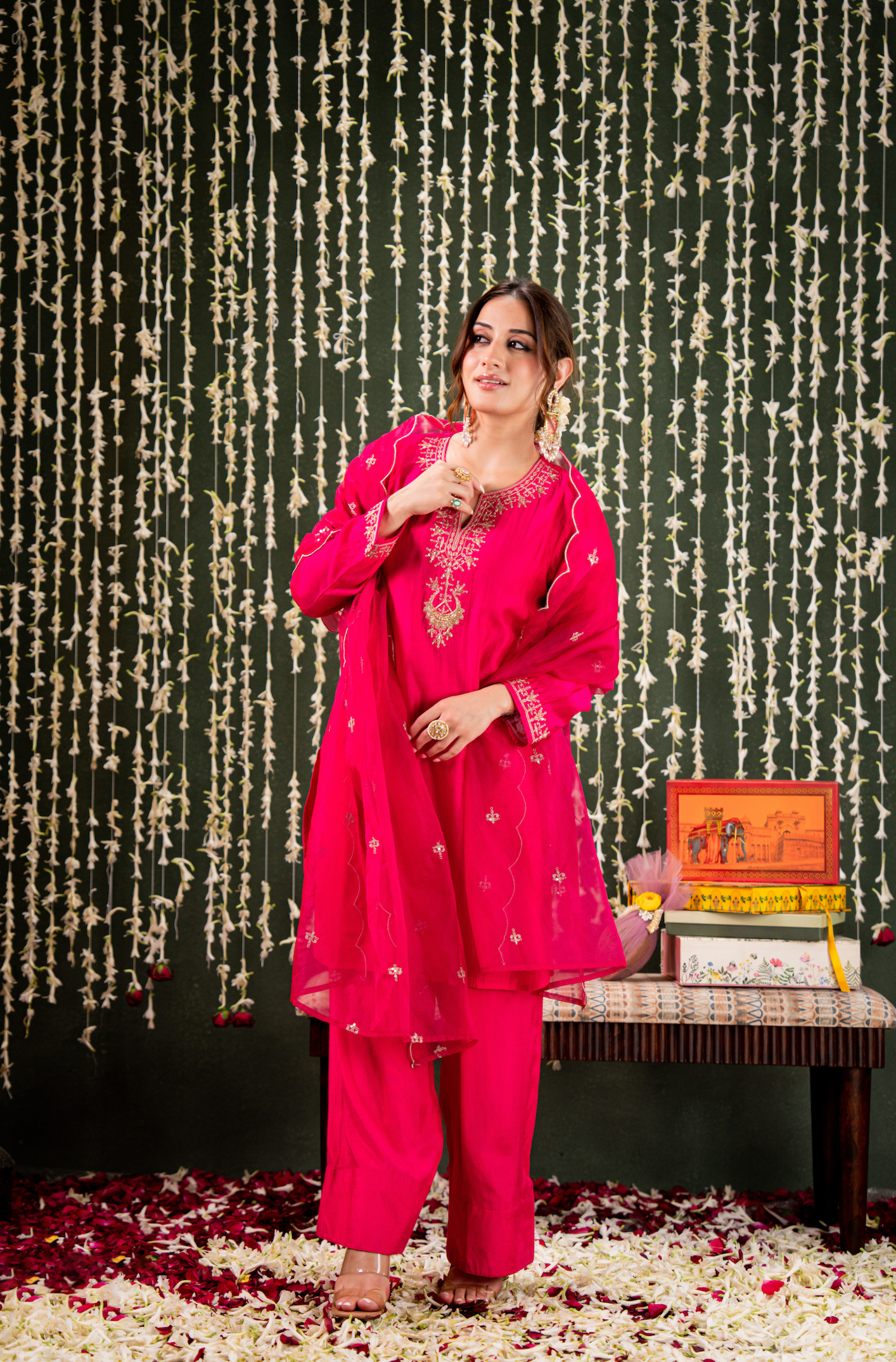 Magnificent Rani Pink Chanderi Silk Kurta Set with Intricate Gold Zari Embroidery