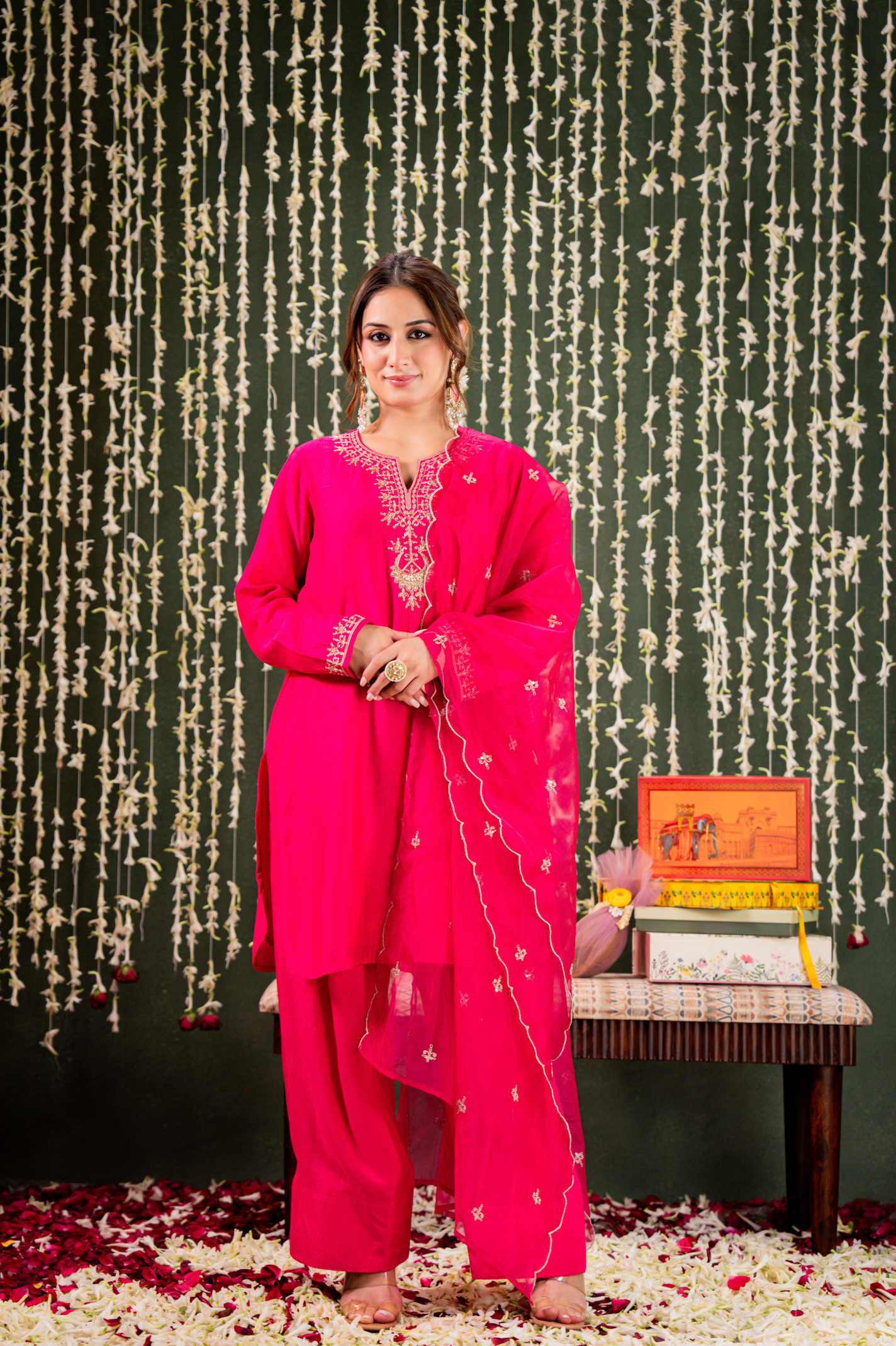 Magnificent Rani Pink Chanderi Silk Kurta Set with Intricate Gold Zari Embroidery