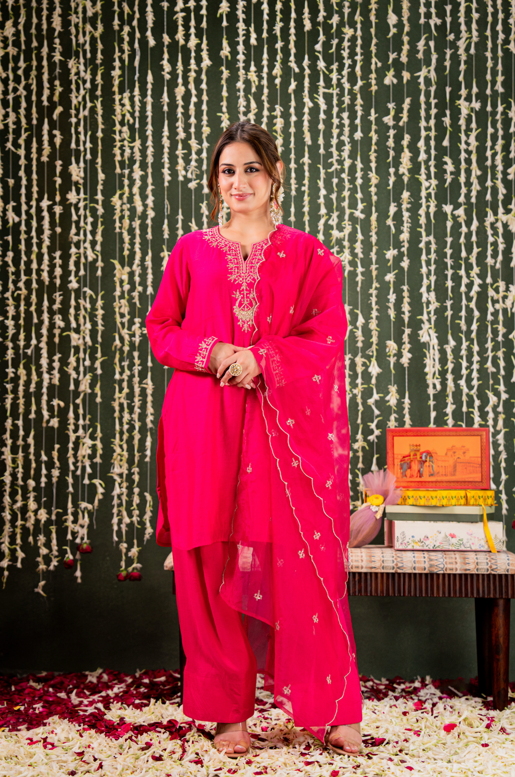 Magnificent Rani Pink Chanderi Silk Kurta Set with Intricate Gold Zari Embroidery