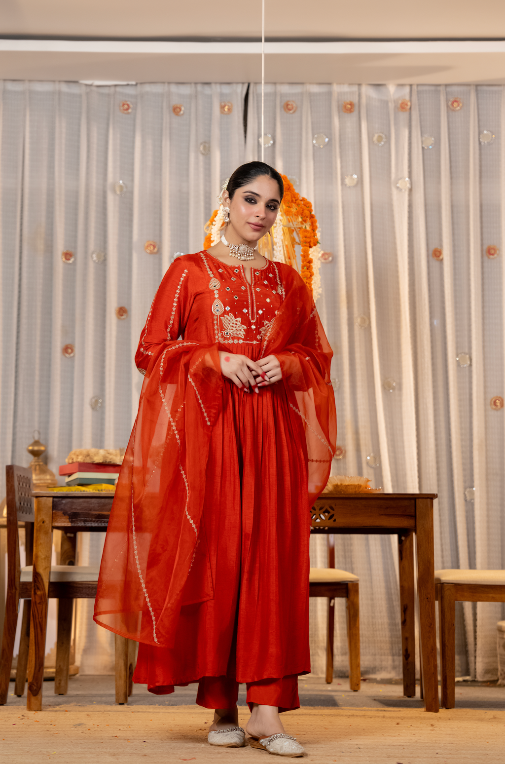 Viscose Chanderi Anarkali Set with Lotus Motif Embroidery & Pleated Flare