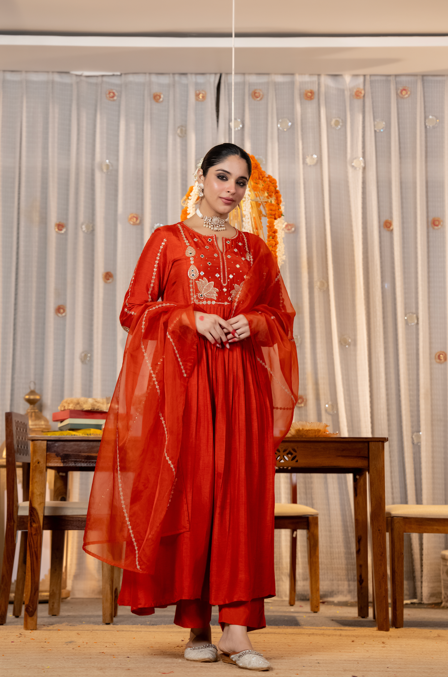 Viscose Chanderi Anarkali Set with Lotus Motif Embroidery & Pleated Flare