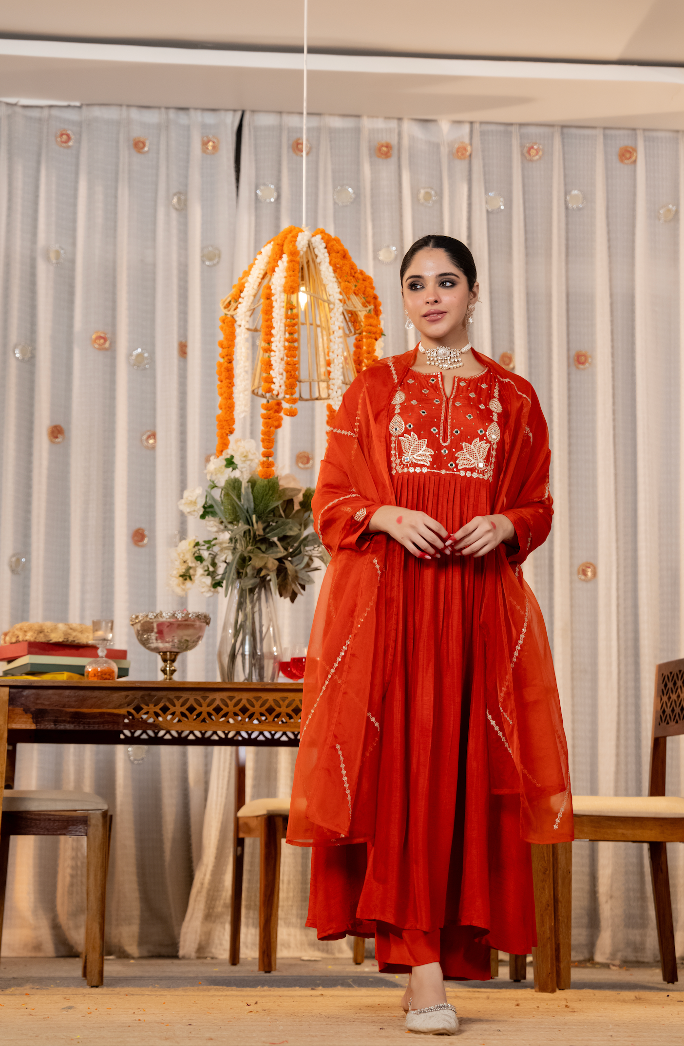 Viscose Chanderi Anarkali Set with Lotus Motif Embroidery & Pleated Flare