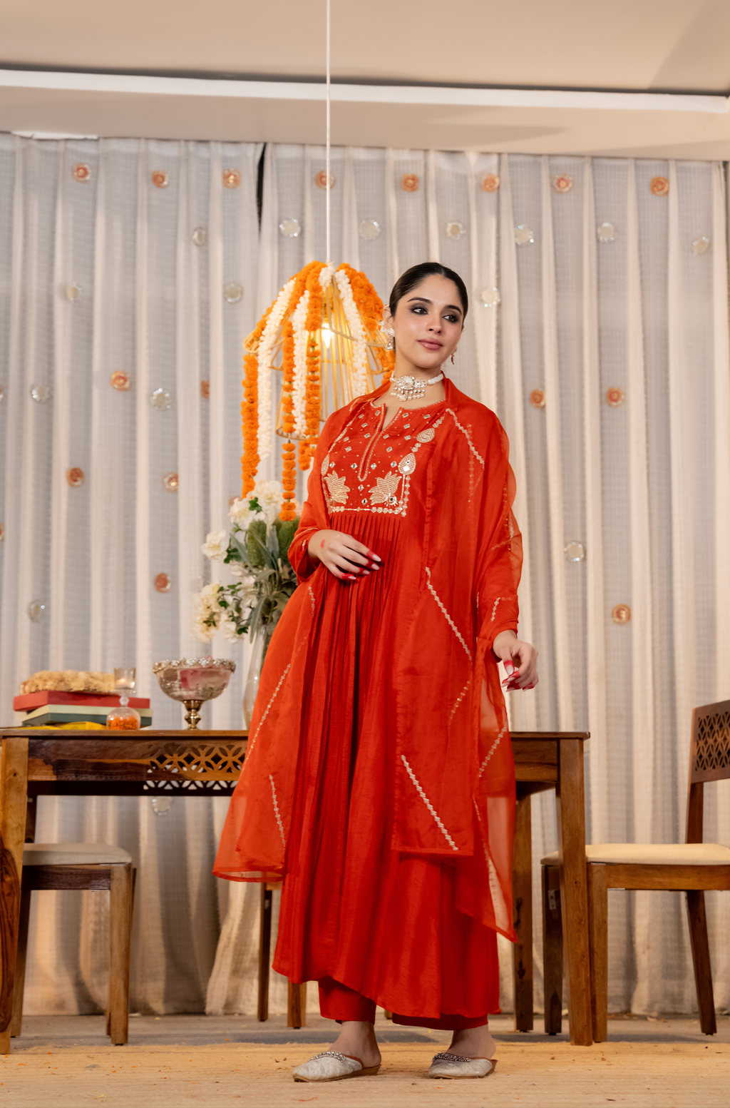 Viscose Chanderi Anarkali Set with Lotus Motif Embroidery & Pleated Flare