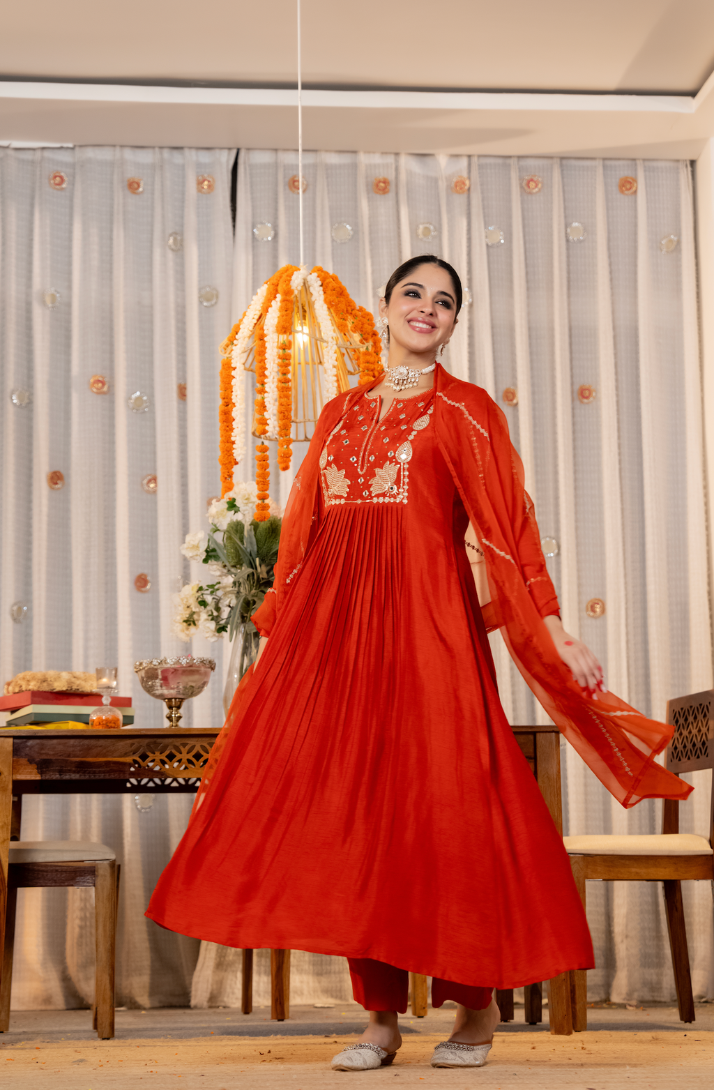 Viscose Chanderi Anarkali Set with Lotus Motif Embroidery & Pleated Flare
