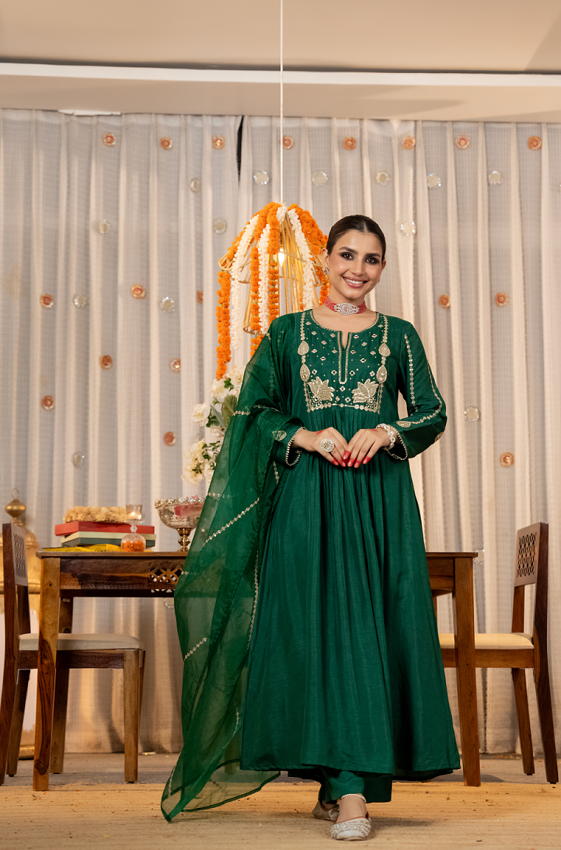 Emerald Green Viscose Chanderi Anarkali Set with Lotus Motif Embroidery & Pleated Flare