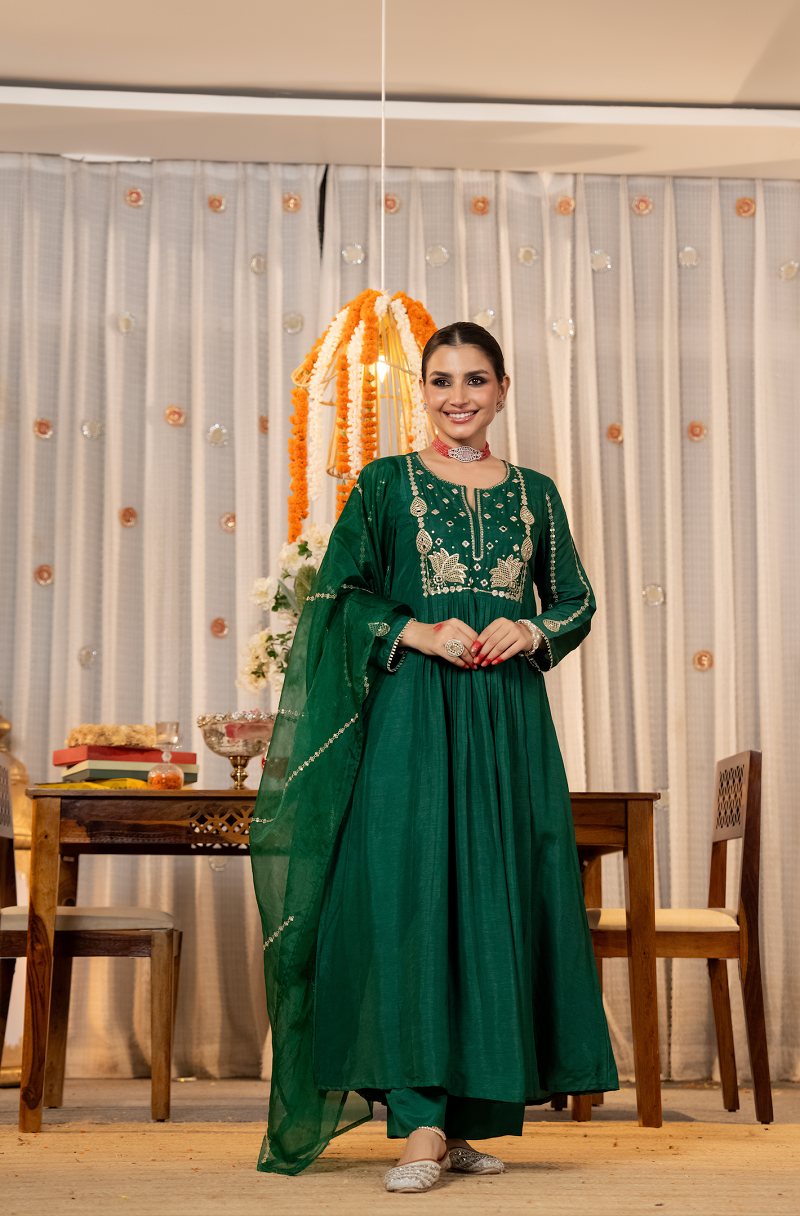 Emerald Green Viscose Chanderi Anarkali Set with Lotus Motif Embroidery & Pleated Flare