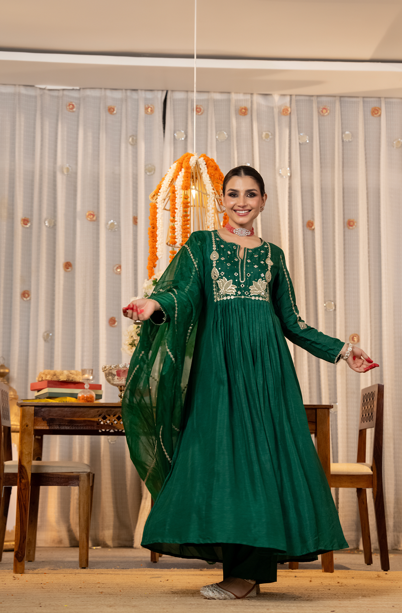 Emerald Green Viscose Chanderi Anarkali Set with Lotus Motif Embroidery & Pleated Flare