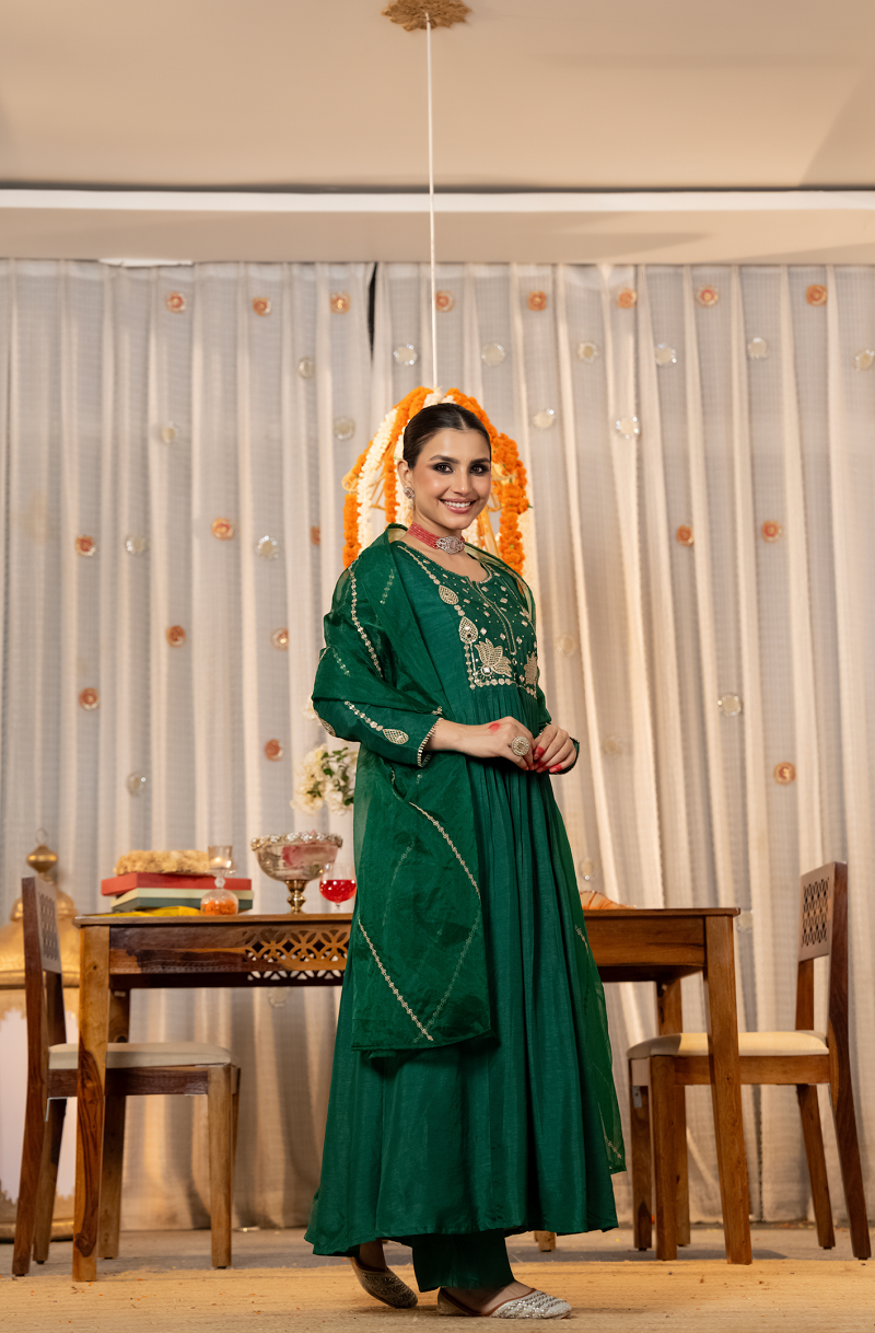 Emerald Green Viscose Chanderi Anarkali Set with Lotus Motif Embroidery & Pleated Flare