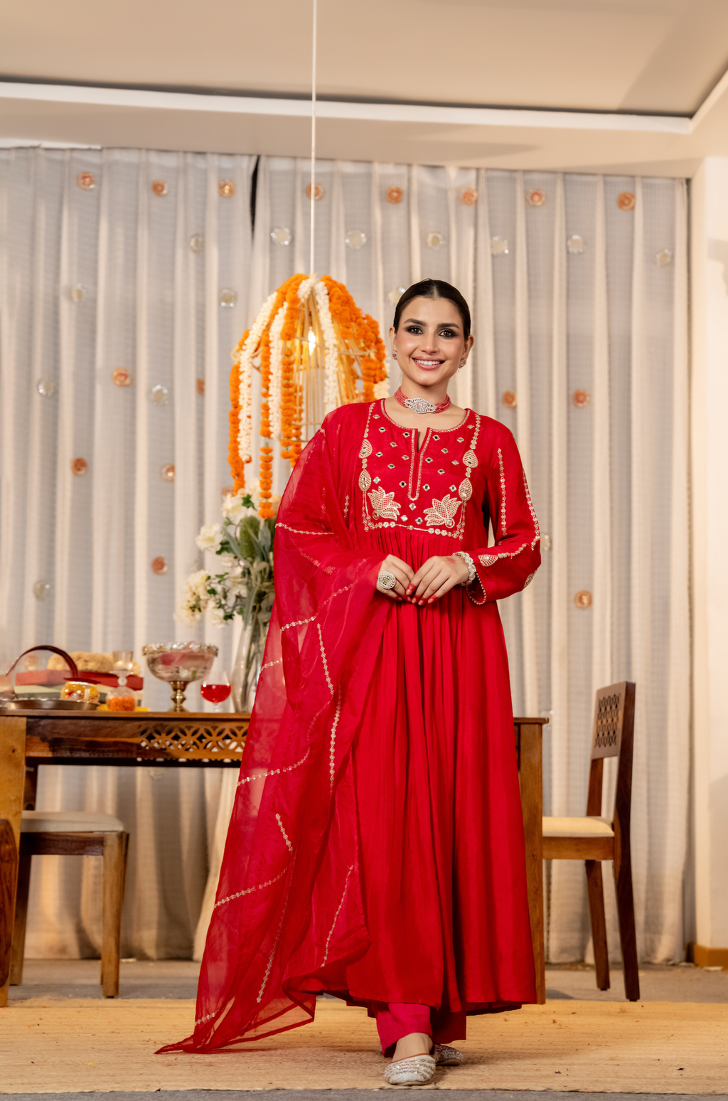 Viscose Chanderi Anarkali Set with Lotus Motif Embroidery & Pleated Flare