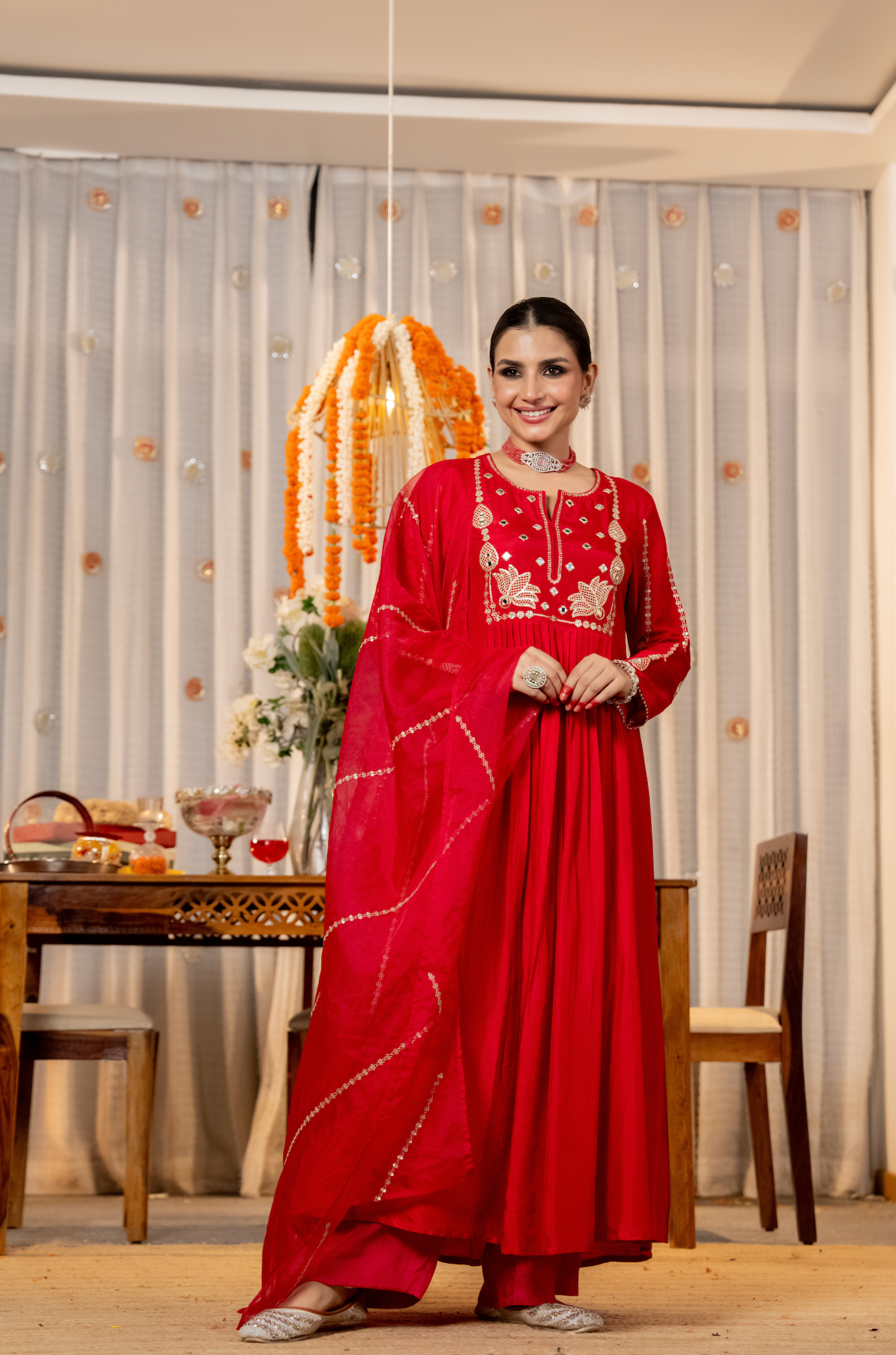 Viscose Chanderi Anarkali Set with Lotus Motif Embroidery & Pleated Flare
