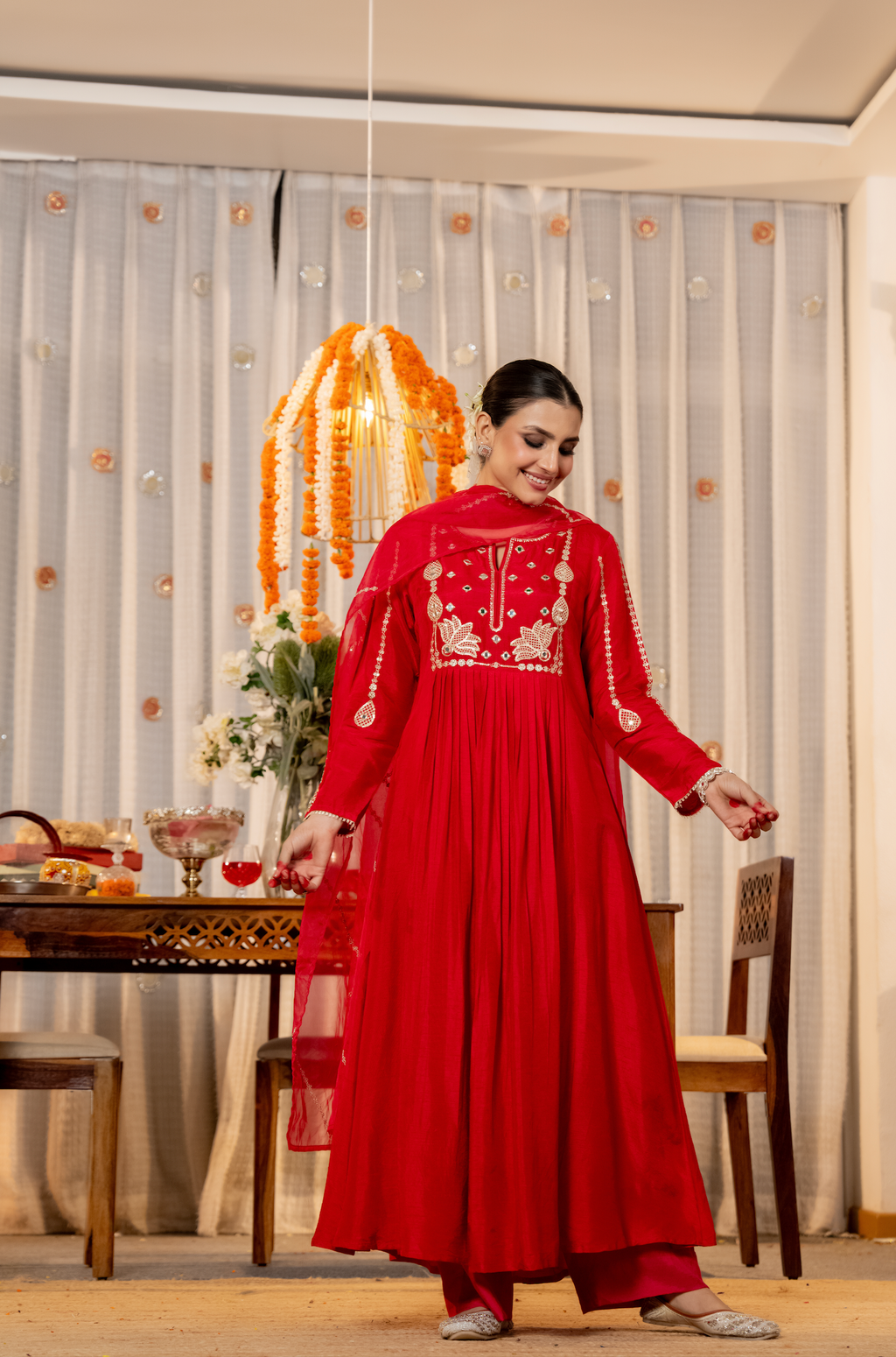 Viscose Chanderi Anarkali Set with Lotus Motif Embroidery & Pleated Flare