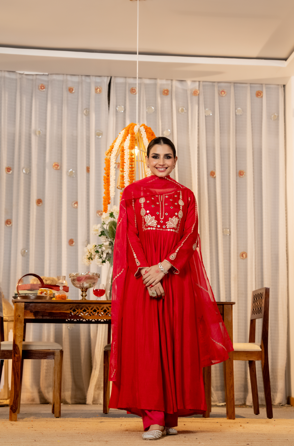 Viscose Chanderi Anarkali Set with Lotus Motif Embroidery & Pleated Flare