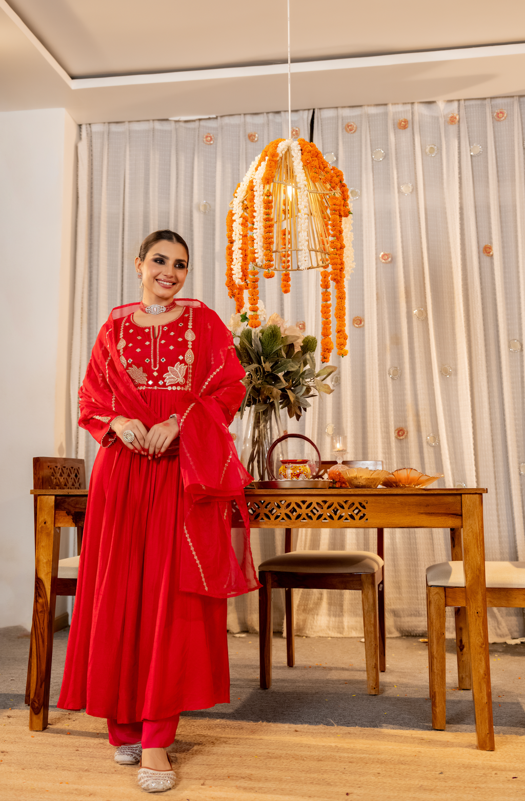 Viscose Chanderi Anarkali Set with Lotus Motif Embroidery & Pleated Flare