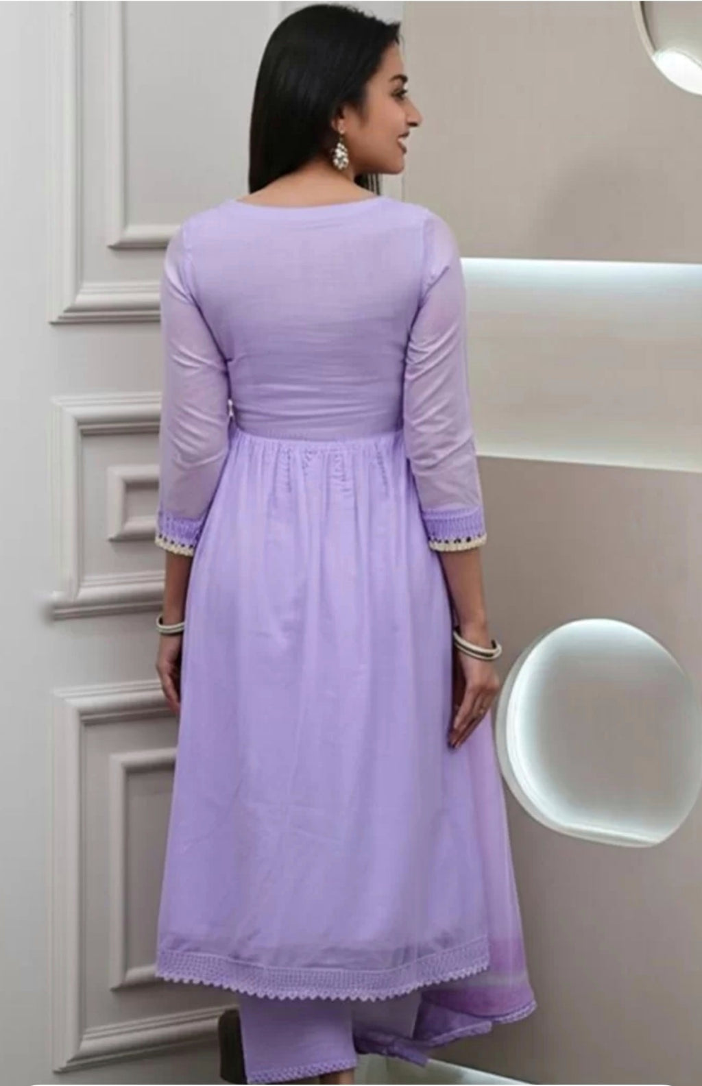 Lavender Georgette Pleated Kurta Set – Embroidered Yoke & Tie-Dye Dupatta