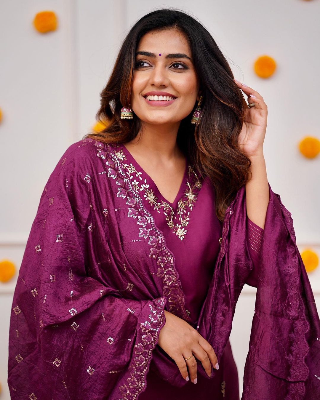 Royal Wine & Roman Silk Hand-Embroidered Kurta Set with Dupatta