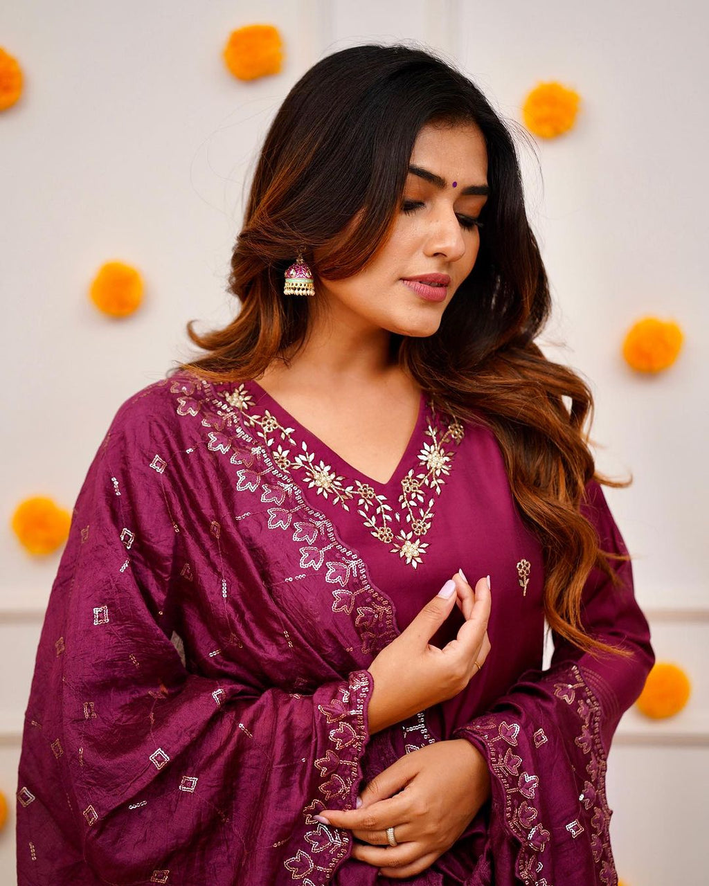 Royal Wine & Roman Silk Hand-Embroidered Kurta Set with Dupatta