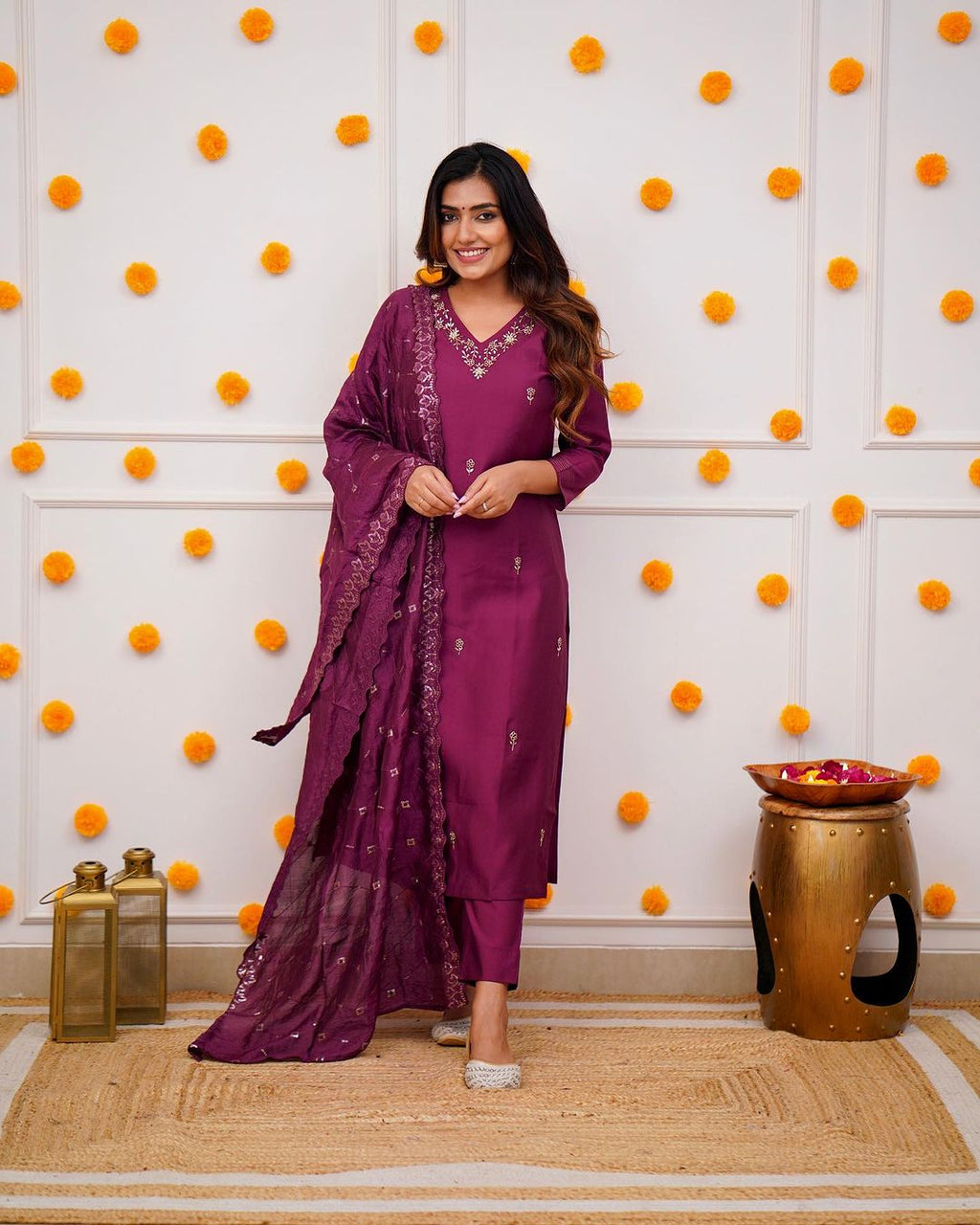 Royal Wine & Roman Silk Hand-Embroidered Kurta Set with Dupatta