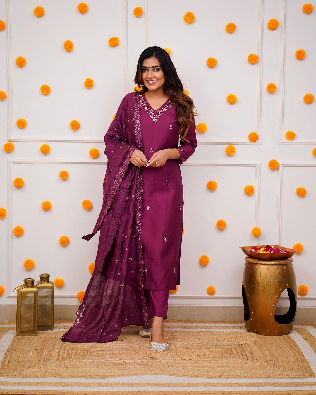 Royal Wine & Roman Silk Hand-Embroidered Kurta Set with Dupatta