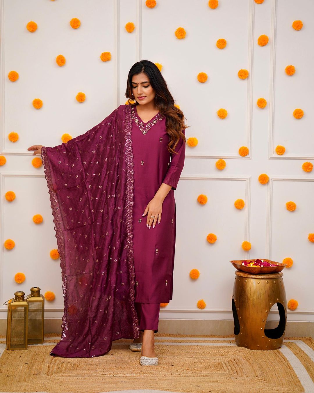 Royal Wine & Roman Silk Hand-Embroidered Kurta Set with Dupatta