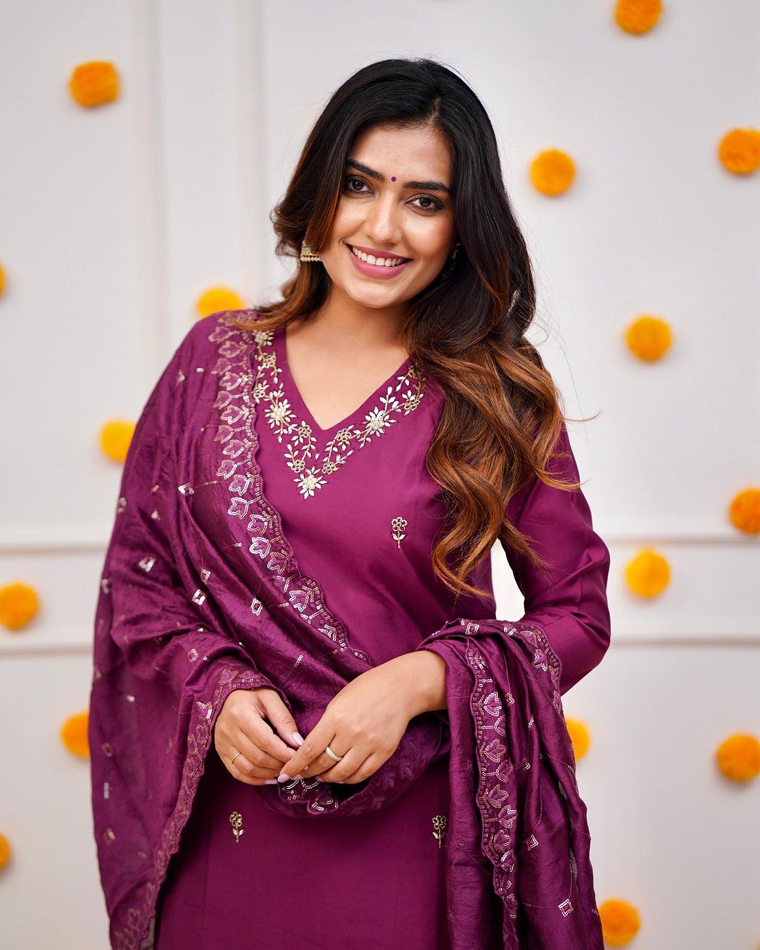 Royal Wine & Roman Silk Hand-Embroidered Kurta Set with Dupatta