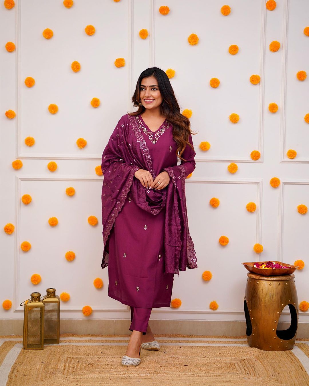 Royal Wine & Roman Silk Hand-Embroidered Kurta Set with Dupatta